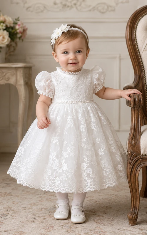 Robe de demoiselle d'honneur en dentelle ivoire et tulle, coupe trapèze, manches courtes, col rond, longueur midi