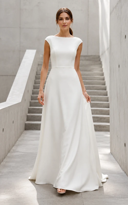Vestido de novia moderno minimalista estilo barco con silueta en A para fugarse.