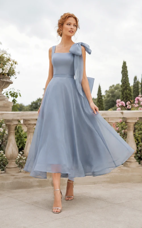 Steel Blue Tulle Tea-Length A-Line Dress with Bow Back