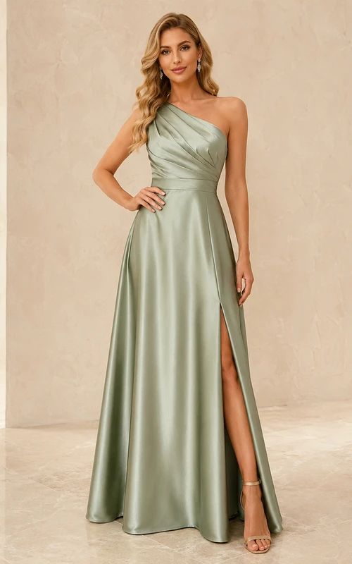 Celadonfarbenes, schulterfreies, bodenlanges A-Linien-Abendkleid aus Satin mit Schlitz – Moderner Stil