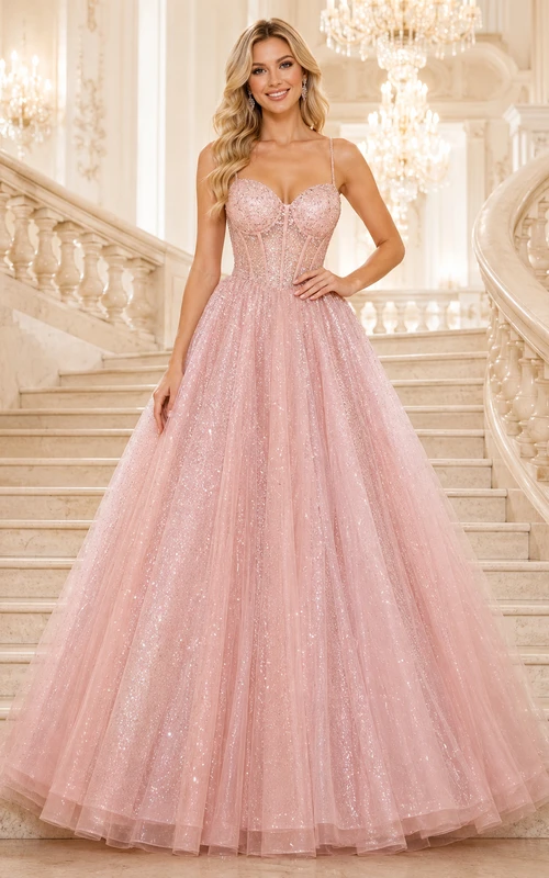 Robe de bal en tulle rose poudré à sequins, bretelles spaghetti, longueur au sol