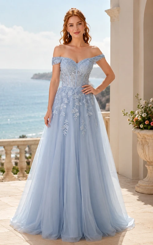 Sky Blue Off Shoulder Lace Tulle Summer Gown