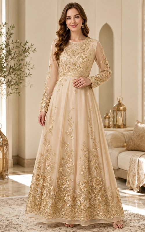 Champagnerfarbenes, hochgeschlossenes, langärmeliges Bayram-Kleid mit Illusionseffekt und goldener Stickerei in A-Linie und bodenlang