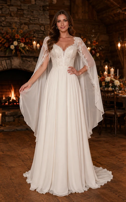 Fall Lodge V-Neck Cape Sleeve A-Line Wedding Dress