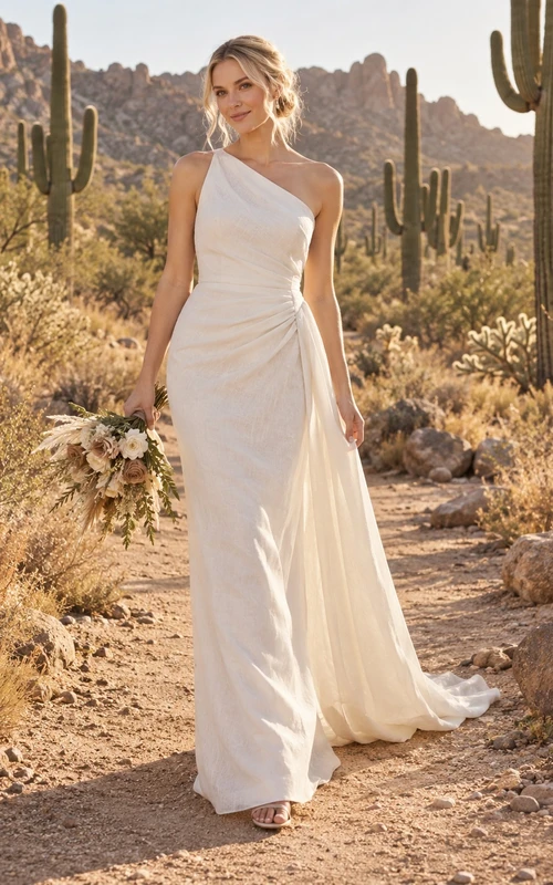 Vestido de novia largo hasta el suelo, sencillo, asimétrico, de un solo hombro, sin mangas, de mezcla de lino con drapeado.