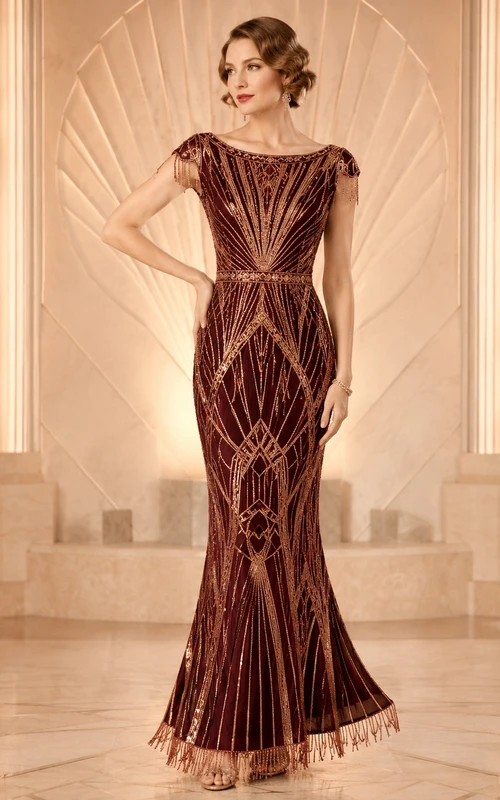 Art Deco Brown Beaded Cowl-Neck Sleeveless Mermaid Floor-Length Formal Dress