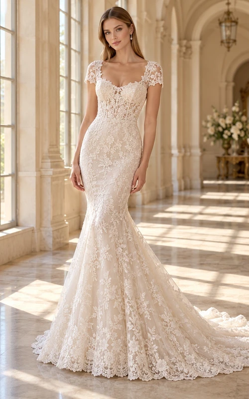 Mermaid Short Sleeve Scoop Neck Allover Lace Wedding Dress