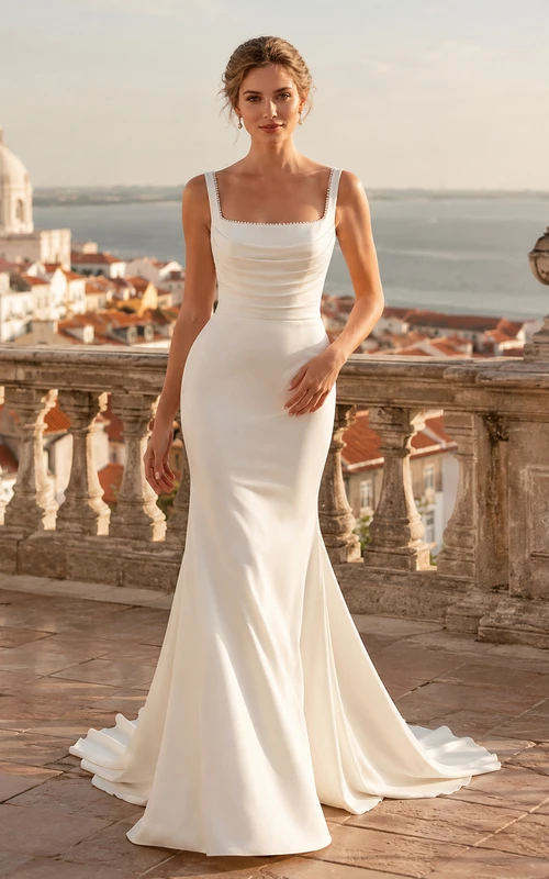 Robe de mariée sirène moderne en crêpe à bretelles carrées et dos boutonné, idéale pour une destination.
