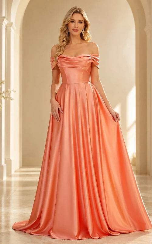 Coral Satin Off-the-shoulder Pleated Floor-length Ball Gown Elegant Formal Dress