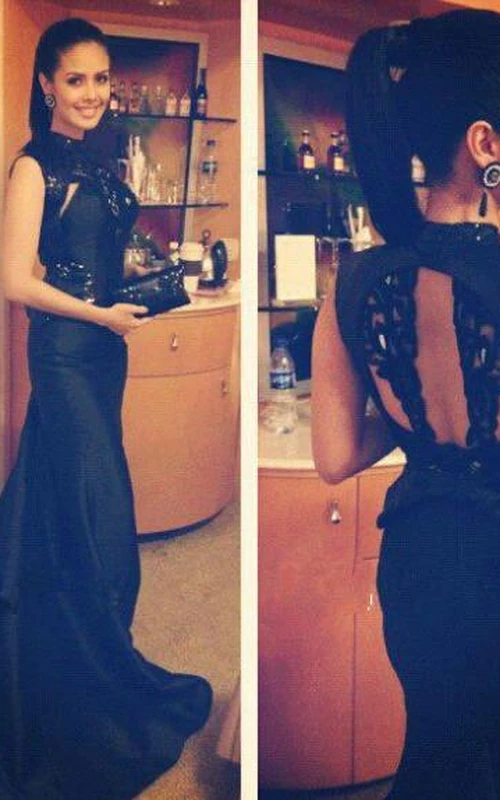 Schwarzes Meerjungfrauen-Abendkleid von Vestidos mit hohem Kragen