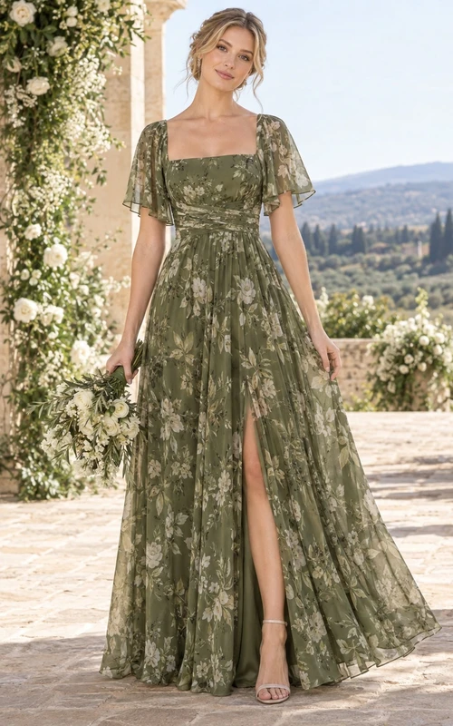Dunkelgrünes, olivgrünes Chiffon-Brautjungfernkleid mit Blumenmuster, eckigem Ausschnitt, flatternden Ärmeln, Seitenschlitz und bodenlangem Schnitt.
