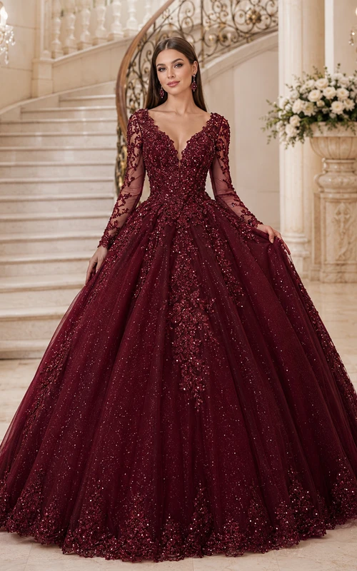 Vestido de quinceañera largo hasta el suelo, color borgoña, con escote pronunciado, manga larga, tul ilusión, encaje, lentejuelas, apliques y espalda en V profunda.