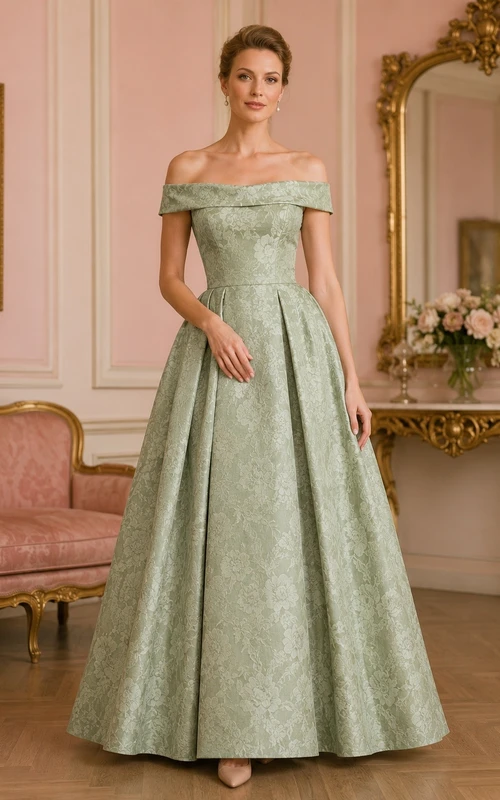 Sage Vintage Elegant Off-Shoulder Short-Sleeve Satin Draped Ball-Gown Floor-Length Evening Dress