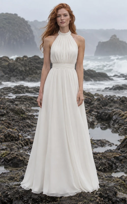 Sencillo vestido de novia de gasa con cuello alto tipo halter, corpiño fruncido y cintura rizada.