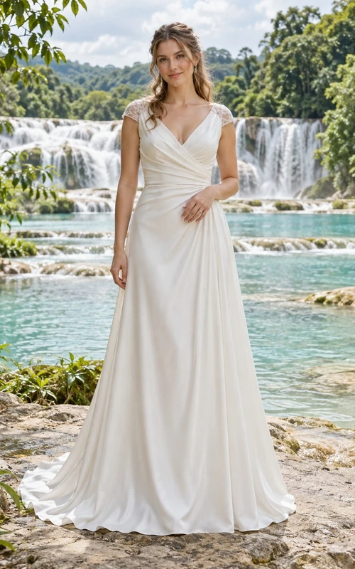 Brautkleid aus Charmeuse mit V-Ausschnitt, Spitzenärmeln und A-Linien-Rock