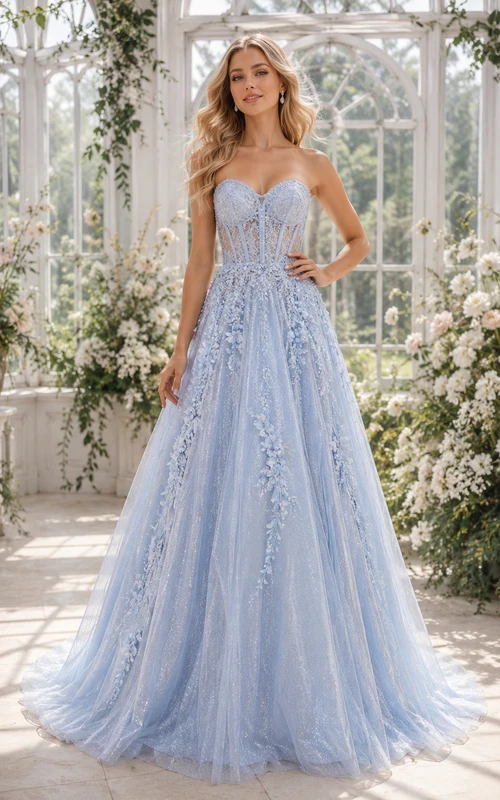Sky Blue Tulle A-Line Prom Dress with Lace Applique and Strapless Bodice