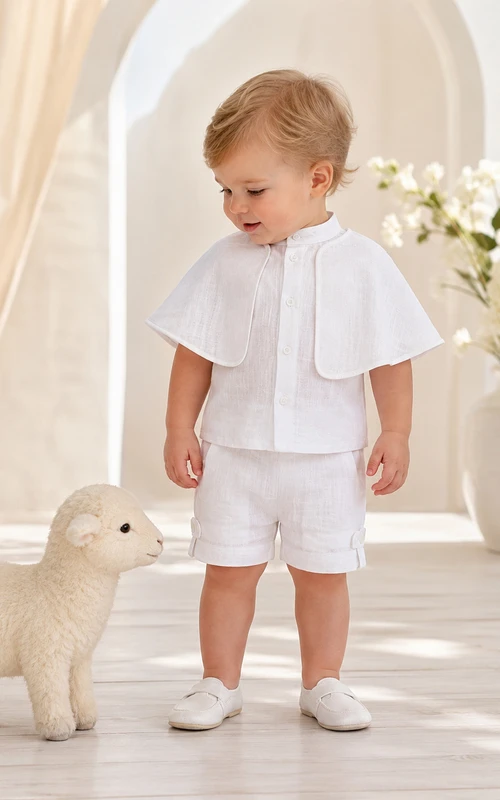 Sommerliches weißes Kurzarm-Leinen-Taufset mit Cape-Kragen und Shorts, geeignet für Babys.