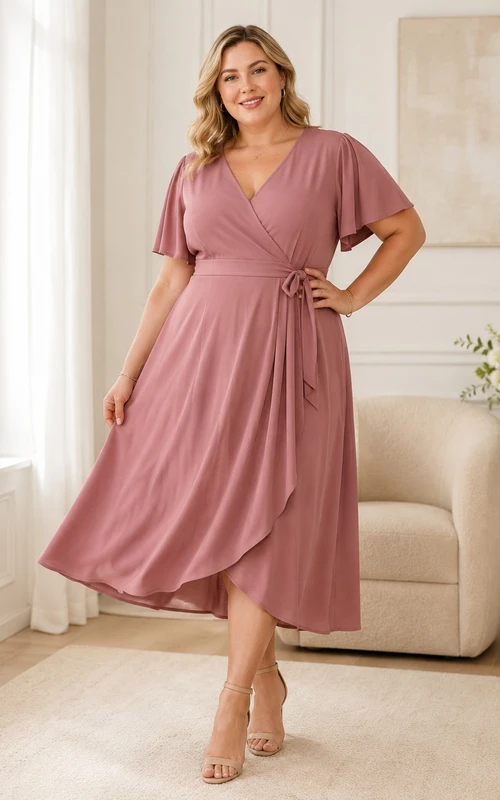 Dusty Rose V-Neck Short-Sleeve Jersey A-Line Tea-length Plus-Size Sash Guest Dress