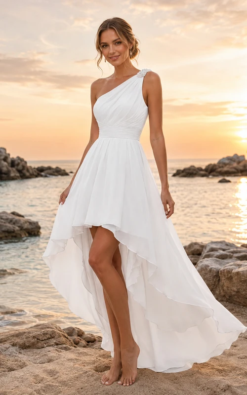 Robe de mariée de plage moderne asymétrique en mousseline plissée à une épaule, coupe asymétrique, idéale pour les grandes occasions