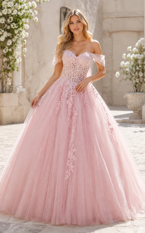 Vestido de quinceañera de corte A, color rosa empolvado, con escote corazón y hombros descubiertos, de tul vaporoso y encaje floral.