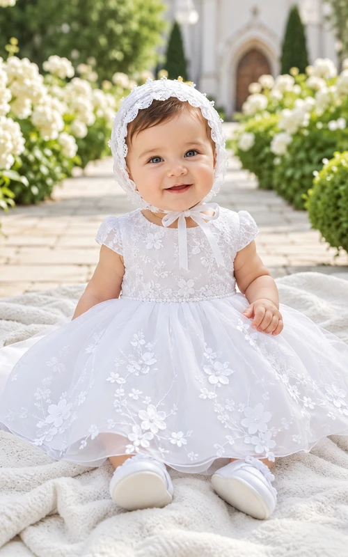 Baby Baptism Christening Ceremony Dress A-Line Tea-Length Jewel Neck Cap Sleeve Tulle Lace Button Back Lace Bodice