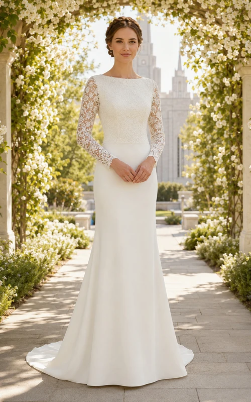 Vestido de novia de encaje de manga larga estilo Temple Garden, modesto y ajustado.