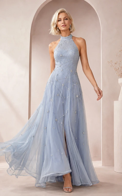 Sky Blue Halter High-Neck Celestial Sequined Tulle Deep-V Formal Prom Gown