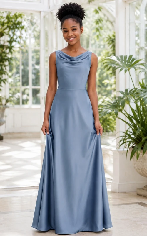 Stahlblaues, elegantes Etuikleid für junge Brautjungfern, Spaghettiträger, ärmellos, aus Satin.