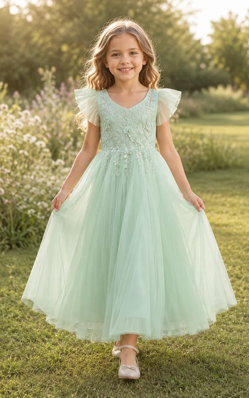 Mint Lace Bodice Tulle A-Line Flower Girl Dress with Short Sleeves, V-Neck and Tea-Length Skirt