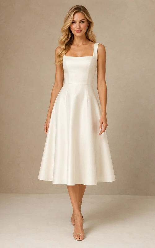 Robe de mariée civile en satin, longueur thé, coupe trapèze, col carré, bretelles larges, idéale pour une cérémonie au tribunal.