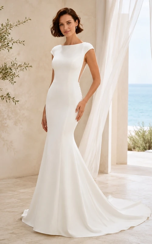 Dusk Toned Satin Bateau Neck Short Sleeve Mermaid Sweep Train Bridal Dress