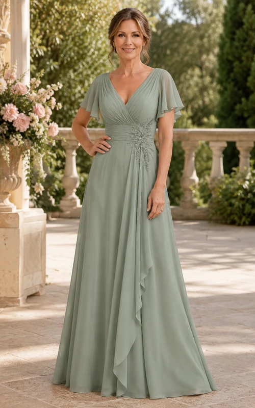 Salbeigrünes Chiffon-Kleid in A-Linie mit V-Ausschnitt und Schnürung am Rücken