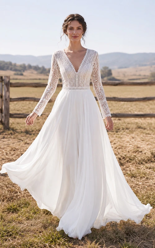 Country Long Sleeve Lace Bodice Chiffon A-Line Wedding Dress