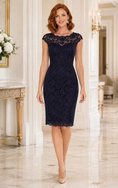 Dark Navy Sheath Scalloped Cap Sleeve Lace Knee-Length Cocktail Dress