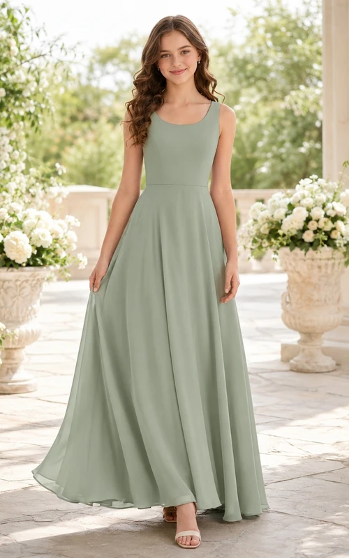 Vestido de dama de honor juvenil color celadón, corte en A, escote redondo, sin mangas, de gasa, sencillo.