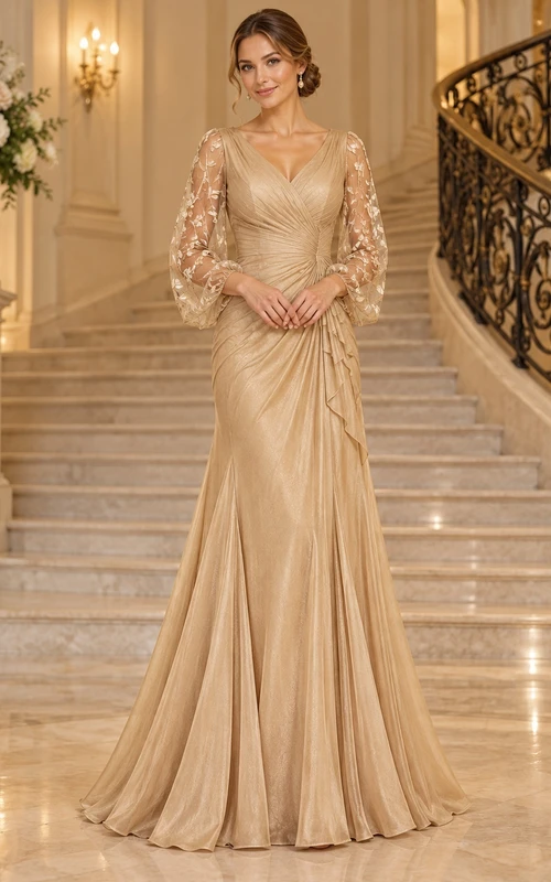 Gold V Neck Embroidered Bishop Sleeve Ruched Waist Evening Gown
