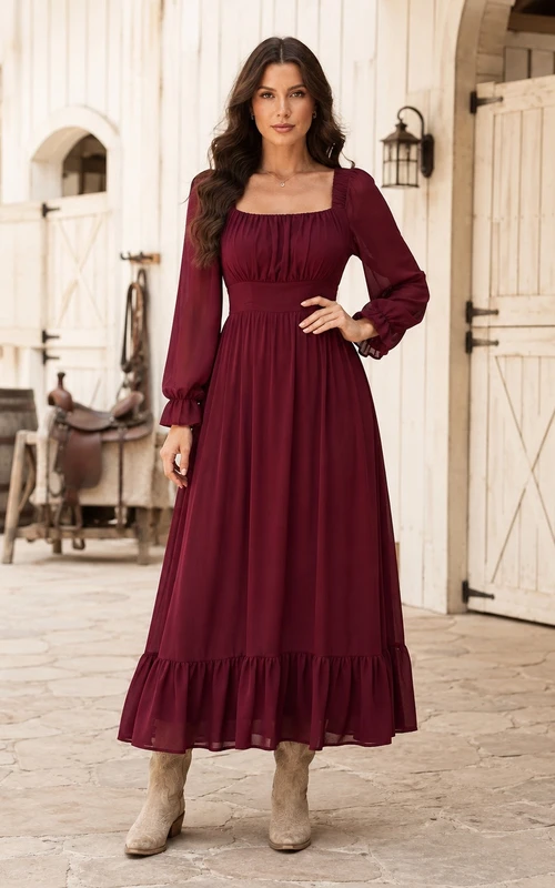 Romantic Burgundy Chiffon A-Line Ankle-Length Square Neck Long Sleeve Country Dress