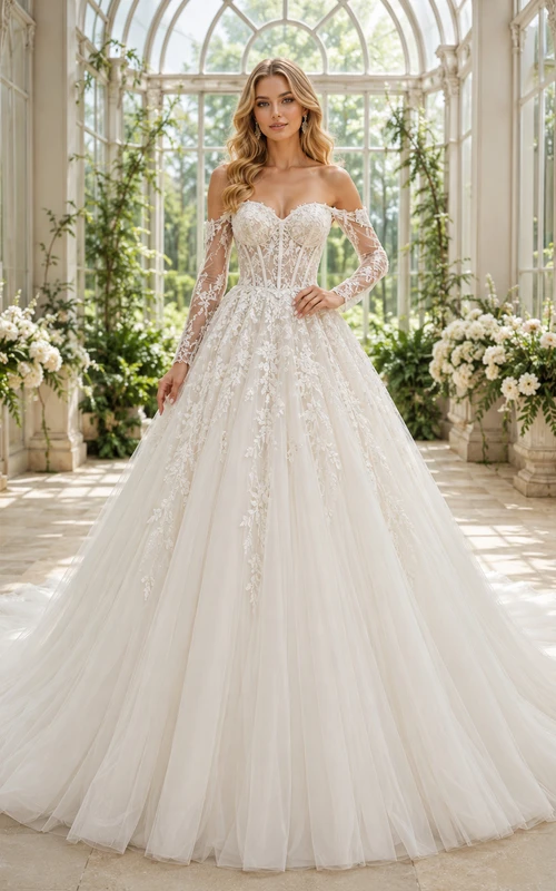 Trägerloses, herzförmiges Ballkleid mit floraler Spitze und romantischer Kapellenschleppe