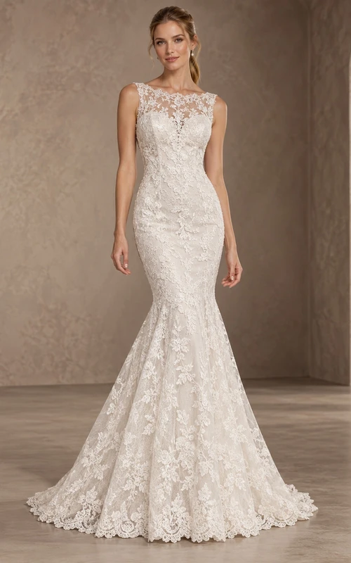 Robe de mariée sirène sans manches à col bijou en dentelle florale
