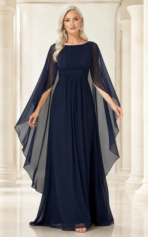 Dark Navy Elegant Jewel Chiffon-Tulle Long-Sleeve A-Line Floor-Length Dress