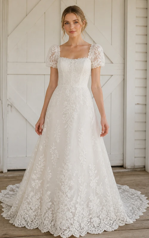 Vestido de novia modesto de manga corta, corte A, escote cuadrado, encaje floral y cola capilla