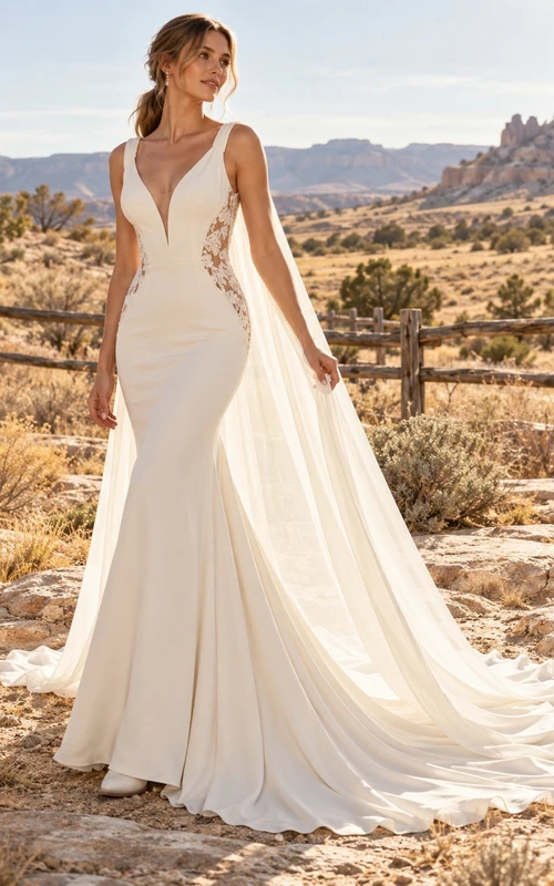 Country Western Deep V-neck Cape Panel Mermaid Bridal Wedding Dress