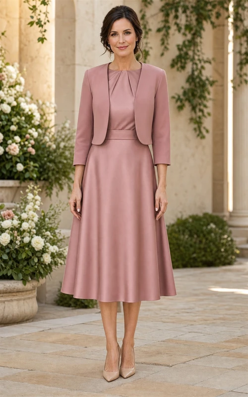 Robe mi-longue en satin rose poudré avec veste