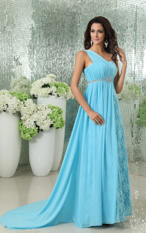 Einzigartiges, asymmetrisches A-Linien-Kleid aus Spitze und Chiffon