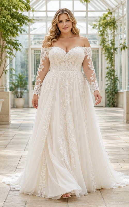 Robe de mariée bohème grande taille à épaules dénudées, manches longues en dentelle illusion, coupe trapèze, style chapelle