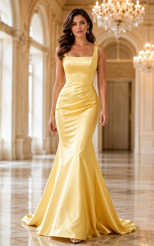 Vestido de novia moderno de satén color amarillo dorado con escote cuadrado y cola larga estilo sirena.