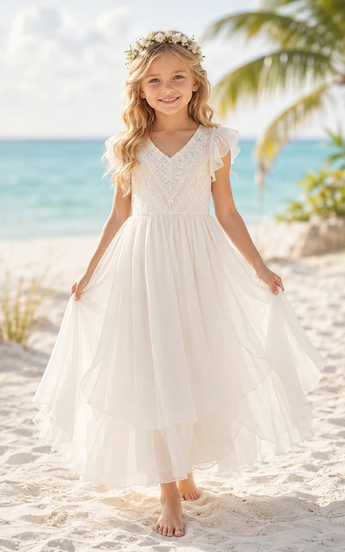 Blumenmädchenkleid aus elfenbeinfarbenem Chiffon, A-Linie, kurze Ärmel, V-Ausschnitt, Teelänge, Schärpen-Detail