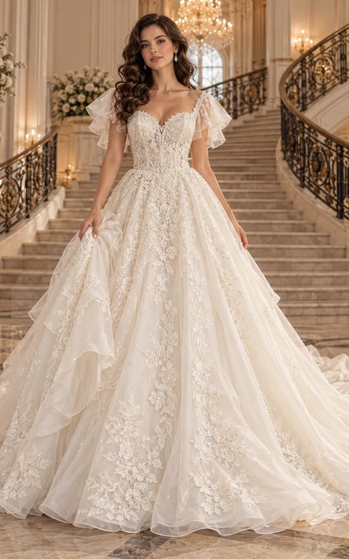 Romantic Flutter Sleeve Sweetheart Floral Lace Full A-line Wedding Dress