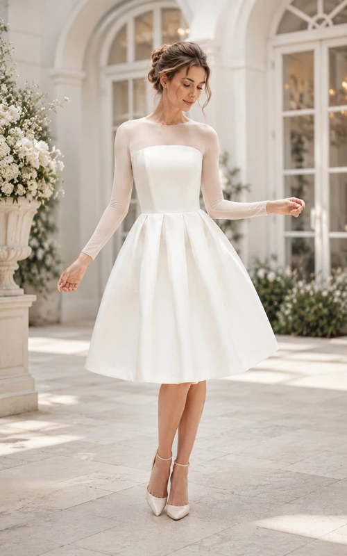 Robe de mariée blanche illusion à manches longues et longueur thé