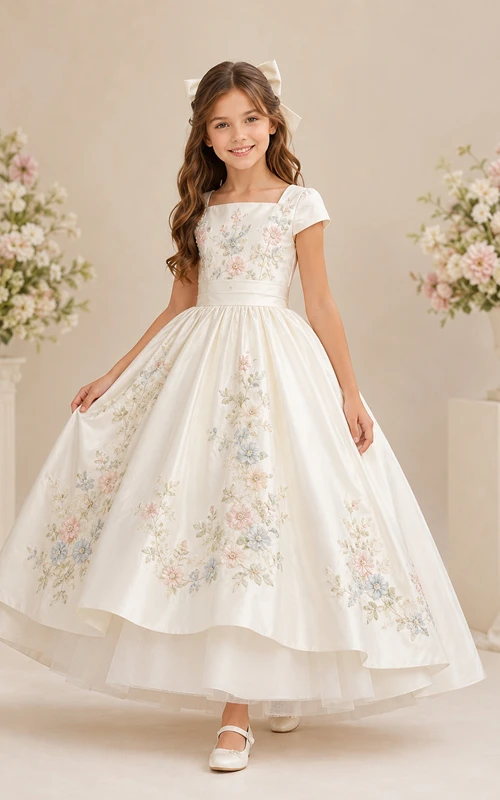 Robe de communion printanière à col carré, manches courtes et imprimé floral asymétrique, ornée d'un col carré et d'une coupe asymétrique.